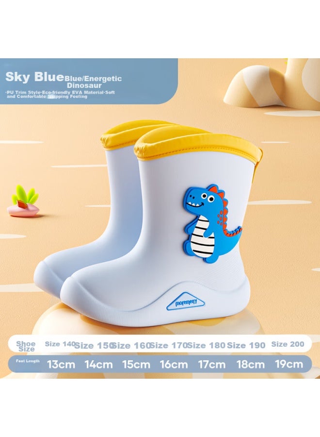 Moremerry Children's Rain Boots For Boys And Girls, Waterproof 3d Baby Non-slip Wear-resistant Cartoon Rain Boots, Light Blue Dinosaur, Size 17