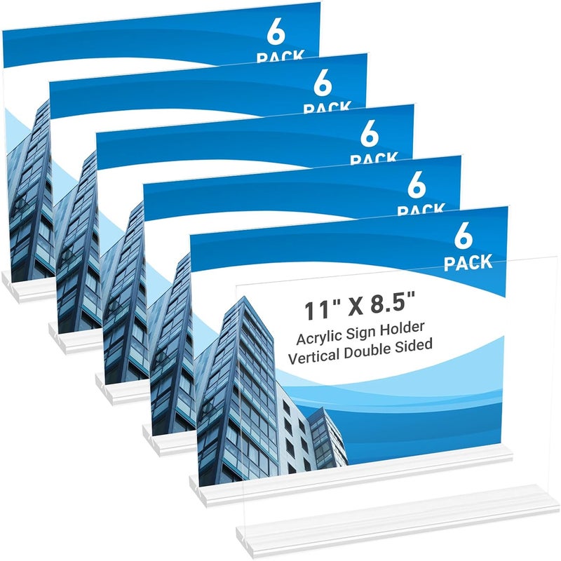 DECOHOBO عبوة من 6 حامل لافتات أكريليك 11 × 8.5، حامل لافتات شفاف مزدوج الجوانب حوامل بلاستيكية للعرض، حوامل لافتات طاولة أكريليك على شكل T لديكور المكاتب والمتاجر والمطاعم وحفلات الزفاف والحفلات - Image 1