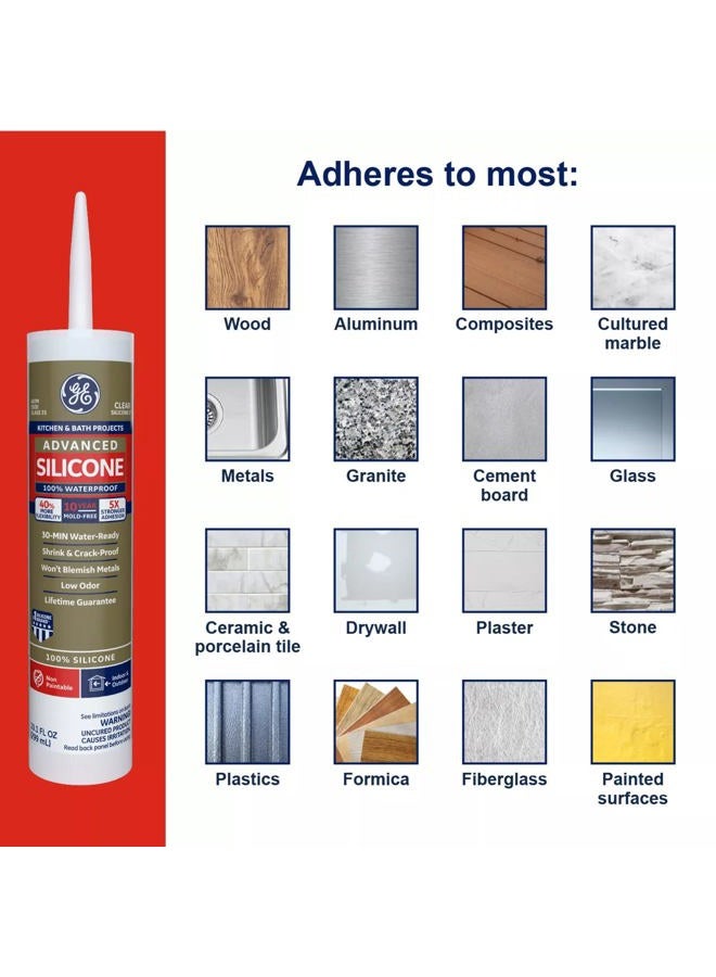 GE Silicone 2+ Kitchen & Bath Caulk, 10.1 Oz. Tube, White, G - Image 2
