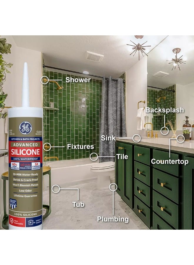 GE Silicone 2+ Kitchen & Bath Caulk, 10.1 Oz. Tube, White, G - Image 3