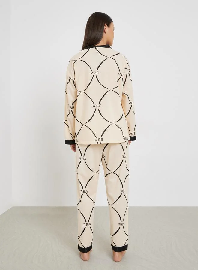 Styli  Printed V Neck Shirt and Pyjama Set for Women | Best Price UAE