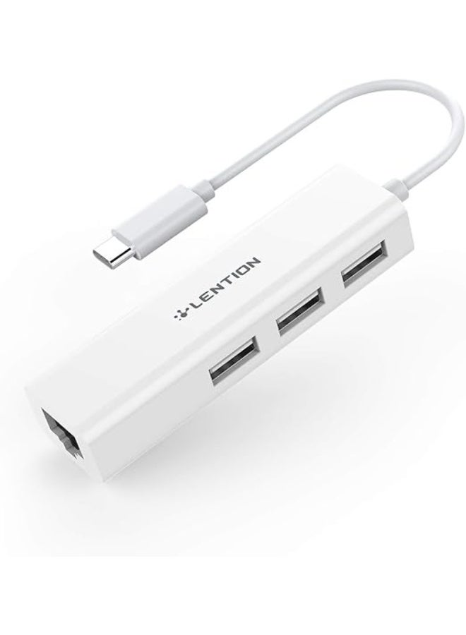 LENTION USB C to 3 USB 2.0 Ports Hub with RJ45 Ethernet LAN Adapter Compatible 2025-2016 MacBook Pro 13/14/15/16, New Mac Air, MacBook 12, Surface Pro 12/Book 3/Go, Chromebook, More (CB-UC2.0, White) - Image 1