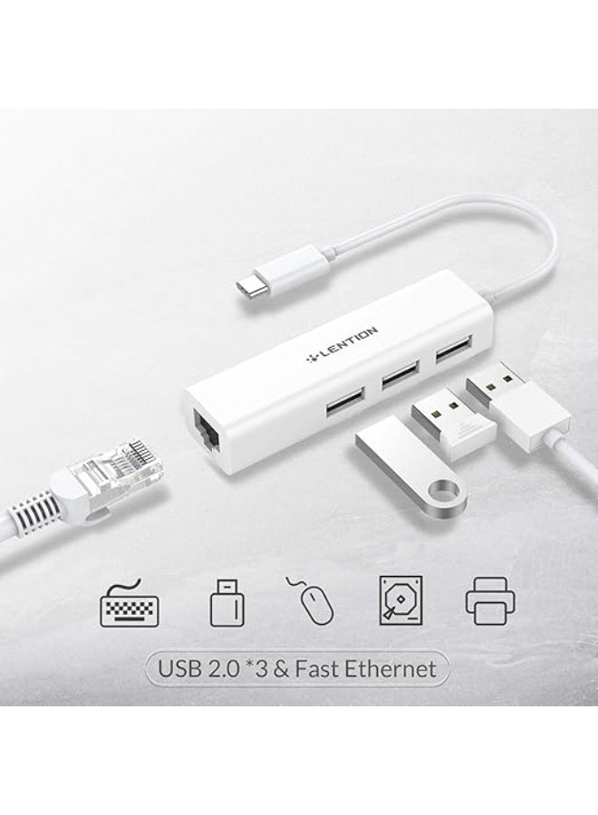 LENTION USB C to 3 USB 2.0 Ports Hub with RJ45 Ethernet LAN Adapter Compatible 2025-2016 MacBook Pro 13/14/15/16, New Mac Air, MacBook 12, Surface Pro 12/Book 3/Go, Chromebook, More (CB-UC2.0, White) - Image 2