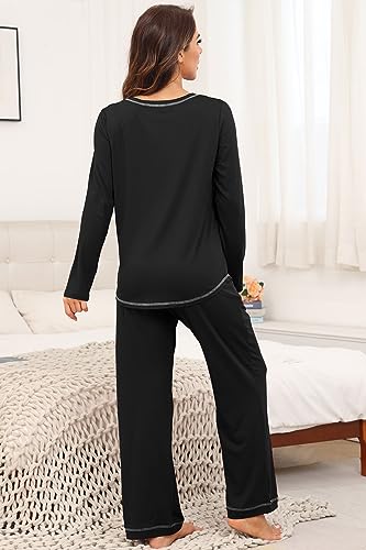 PrinStory Women's Pajama Set 2025 Lounge Sets Long Sleeve Sleepwear Soft 2 Piece Pjs with Pockets Black-L - Image 4
