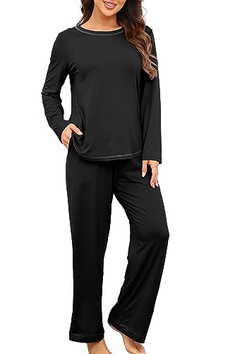 PrinStory Women's Pajama Set 2025 Lounge Sets Long Sleeve Sleepwear Soft 2 Piece Pjs with Pockets Black-L - Image 3