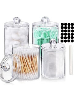 MahMir 4 Pcs Holder Bathroom Jars Qtip Holder Clear acrylic Apothecary Jars, Acrylic Cotton Ball Holder, Clear Bathroom Canisters, Cotton Ball, Cotton Swab, Cotton Round Pads, Floss Clear Plastic Apothecary Jar Set for Bathroom Canister Storage Organization, Vanity Makeup Organizer  - Image 1