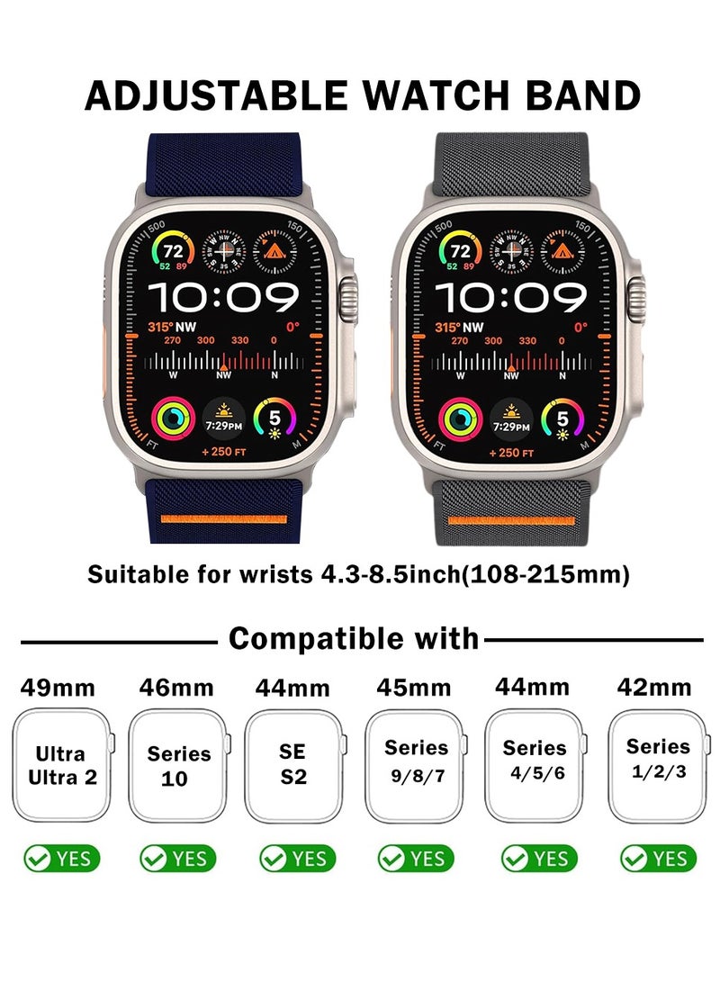 2 Pack Lite Fit Ultra Band designed for Apple Watch Ultra 2 / Ultra (49mm), Series10(46mm),Series 9/8/7 (45mm), Series SE2/6/SE/5/4 (44mm) and Series 3/2/1 (42mm) Nylon Solo Loop - Blue/Grey