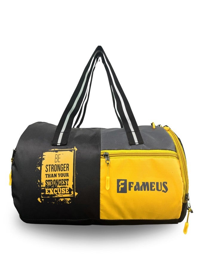 FAMEUS Polyester 25 litres Duffle/Shoulder/Gym Bag for Men & Women with Separate Shoe Compartment (Black,Grey with Yellow) - Image 1