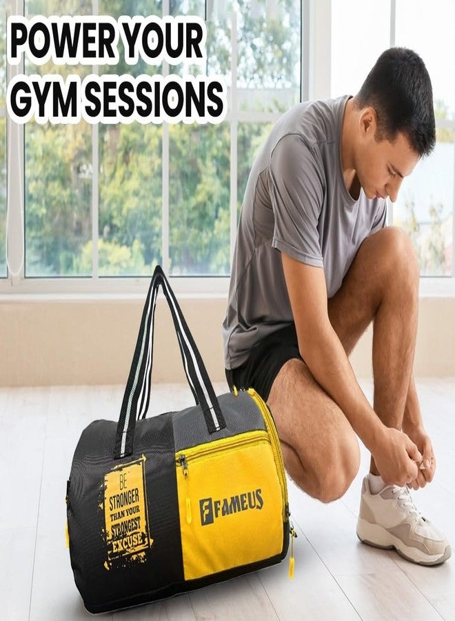FAMEUS Polyester 25 litres Duffle/Shoulder/Gym Bag for Men & Women with Separate Shoe Compartment (Black,Grey with Yellow) - Image 2