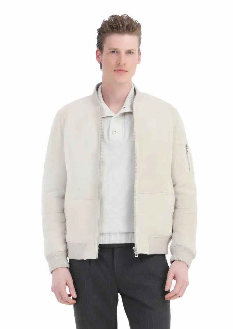 RAMSEY Beige Regular Fit Turtleneck Casual Fur Leather Coat