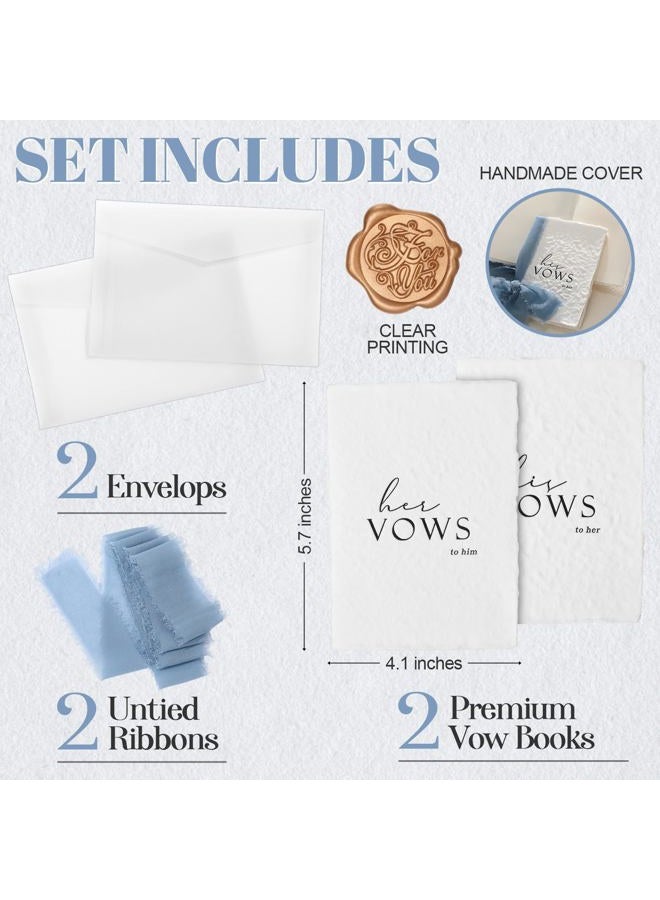 Engrowtic 2 Set Wedding Vow Books Hand Torn Edge with Ribbon Envelope 5.5"x 4" Handmade His and Her Vows Book Deckled Edge Wedding Vow Booklets for Bride and Groom Newly Engaged Couple Gift(Blue) - Image 2