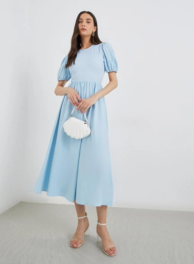 تايك تو Take Two Blue Solid Puff Sleeve Smocked Detail Midi Dress