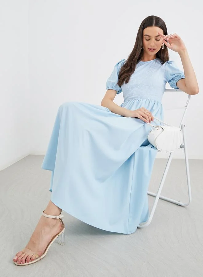 تايك تو Take Two Blue Solid Puff Sleeve Smocked Detail Midi Dress