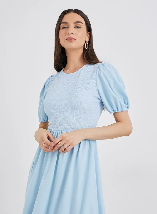 Take Two Take Two Blue Solid Puff Sleeve Smocked Detail Midi Dress