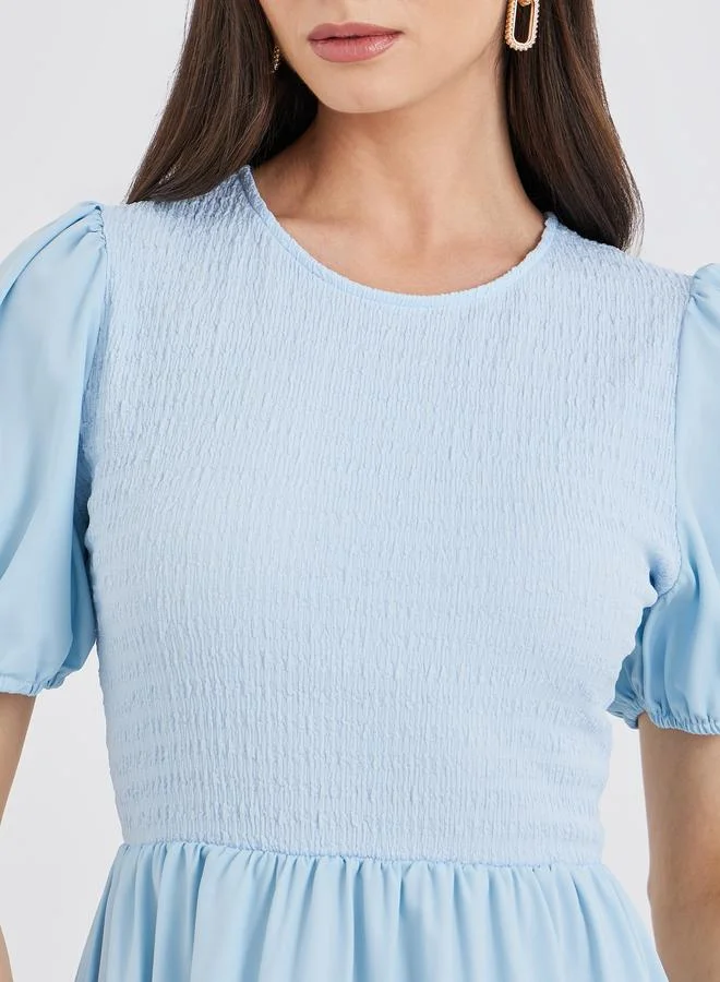 Take Two Take Two Blue Solid Puff Sleeve Smocked Detail Midi Dress