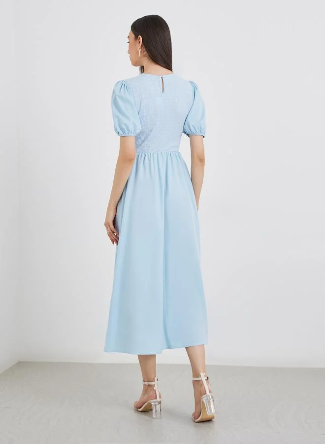 Take Two Take Two Blue Solid Puff Sleeve Smocked Detail Midi Dress