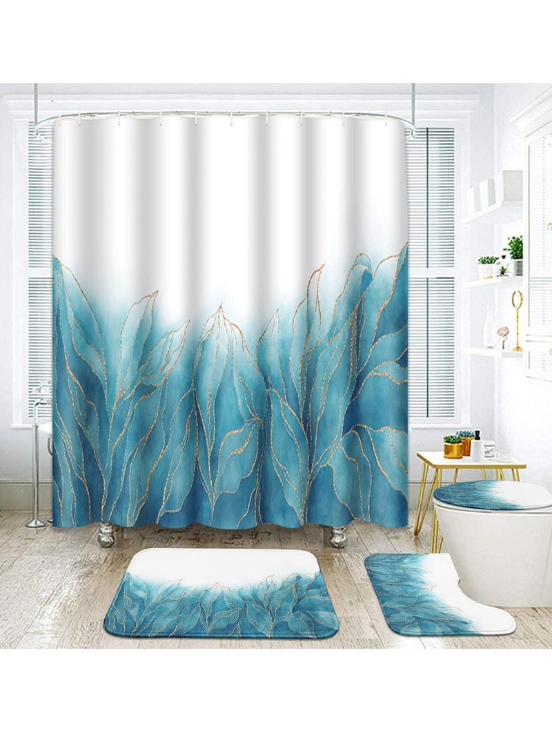 SYOSI طقم حمام بأوراق ذهبية زرقاء مع ستارة دش وسجاد ملحقات دوائر رخامية زرقاء طقم ستارة دش زهور زرقاء تجريدية لحمام ديكور حمام بأوراق 4 قطع - Image 1