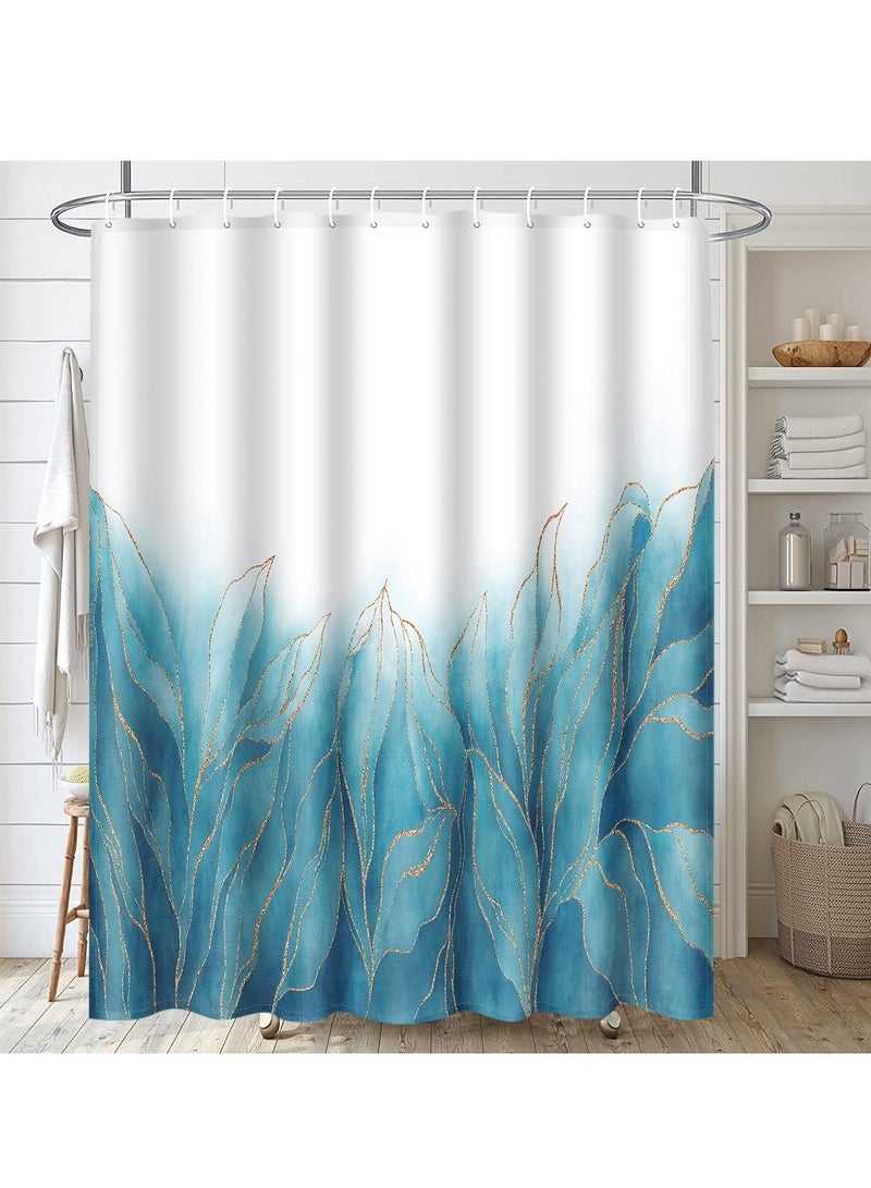 SYOSI طقم حمام بأوراق ذهبية زرقاء مع ستارة دش وسجاد ملحقات دوائر رخامية زرقاء طقم ستارة دش زهور زرقاء تجريدية لحمام ديكور حمام بأوراق 4 قطع - Image 2