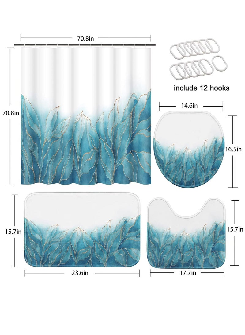 SYOSI طقم حمام بأوراق ذهبية زرقاء مع ستارة دش وسجاد ملحقات دوائر رخامية زرقاء طقم ستارة دش زهور زرقاء تجريدية لحمام ديكور حمام بأوراق 4 قطع - Image 5