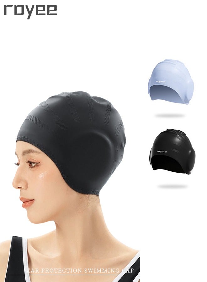 Royee 2PCS Swim Caps Cover Ears, Flexible Silicone Swimmer Caps for Long Hair Swimming, 3D Ergonomic Fit for Man & Women - Image 1