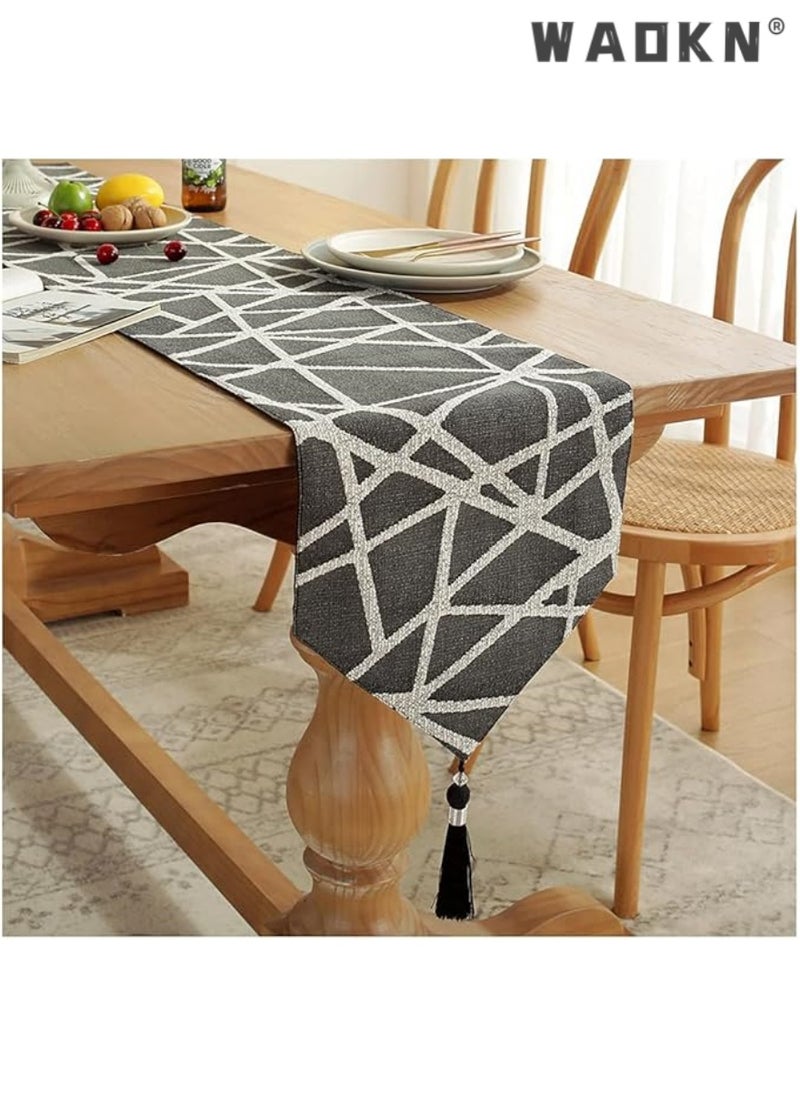 WAOKN Table Runner, Boho Table Runners 72 inches Long, Long Modern AB Side Table Runner Linen Black and Mineral Gray Runner with Tassels, Modern Holiday Coffee Table Runner Farmhouse Style for Dining Room  - Image 1