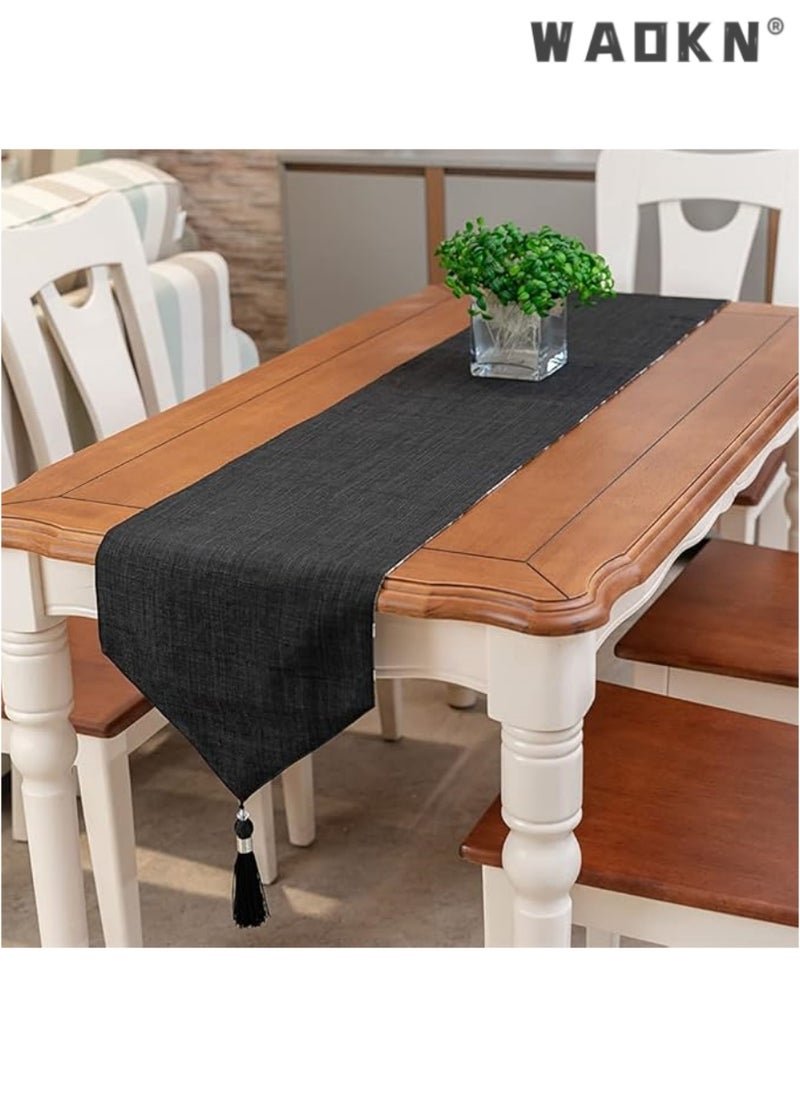 WAOKN Table Runner, Boho Table Runners 72 inches Long, Long Modern AB Side Table Runner Linen Black and Mineral Gray Runner with Tassels, Modern Holiday Coffee Table Runner Farmhouse Style for Dining Room  - Image 5