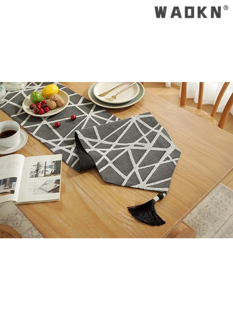 WAOKN Table Runner, Boho Table Runners 72 inches Long, Long Modern AB Side Table Runner Linen Black and Mineral Gray Runner with Tassels, Modern Holiday Coffee Table Runner Farmhouse Style for Dining Room  - Image 3