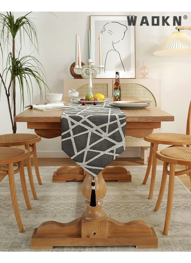 WAOKN Table Runner, Boho Table Runners 72 inches Long, Long Modern AB Side Table Runner Linen Black and Mineral Gray Runner with Tassels, Modern Holiday Coffee Table Runner Farmhouse Style for Dining Room  - Image 2