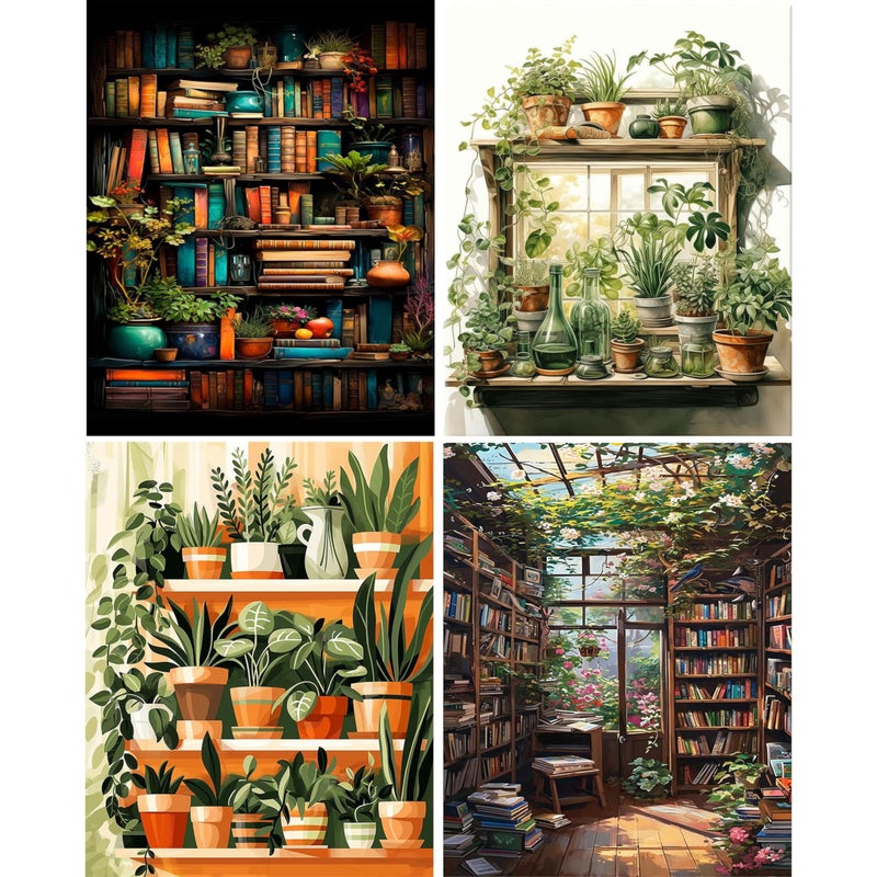 Hutarosl 4 Pack Paint by Numbers Kit for Adults Plant- Bookshelf Paint by Number Adult, Canvas Painting by Numbers for Adults Perfect for Gifts Home Wall Decor 12x16inch - Image 1