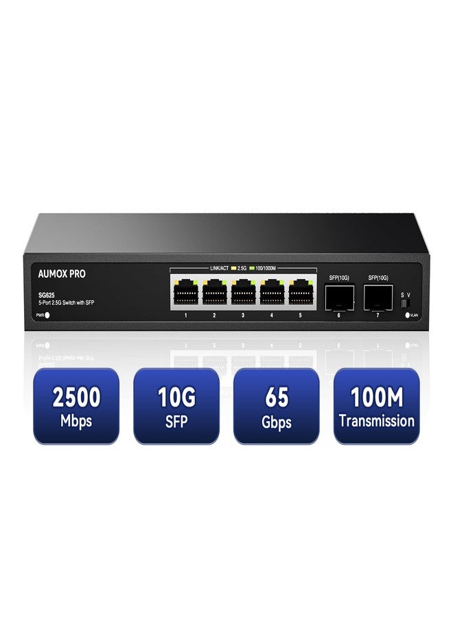 AUMOX PRO 7 Port 2.5Gb Unmanaged Ethernet Switch with 5* 2.5G Base-T Ports, 2*10G SFP Ports, AUMOX PRO 65 Gbps Vlan Switching Capacity Compatible with 100/1000/2500Mbps Plug and Play - Image 1