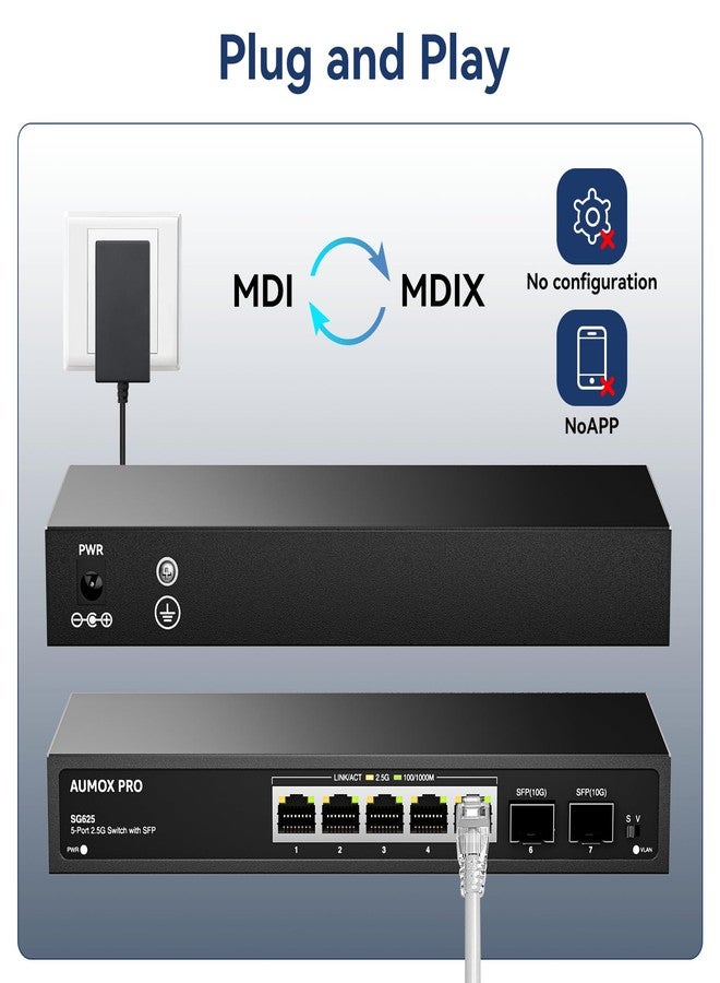 AUMOX PRO 7 Port 2.5Gb Unmanaged Ethernet Switch with 5* 2.5G Base-T Ports, 2*10G SFP Ports, AUMOX PRO 65 Gbps Vlan Switching Capacity Compatible with 100/1000/2500Mbps Plug and Play - Image 5