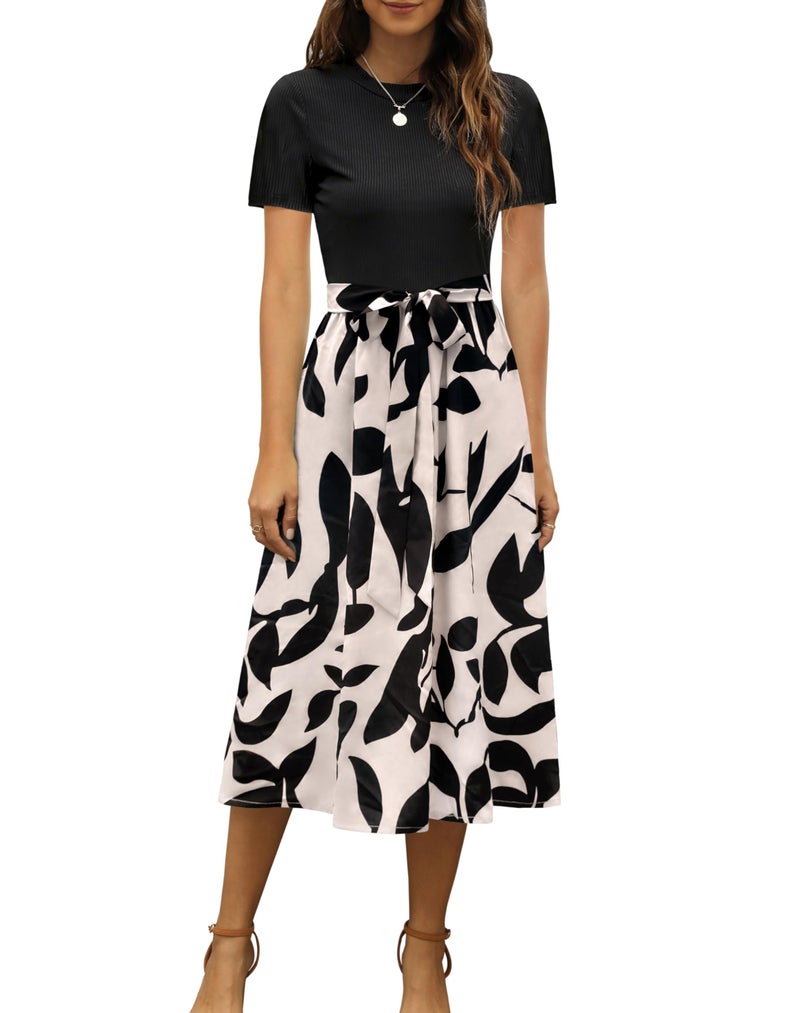 Zattcas Women 2025 Summer Dresses Short Sleeve Ribbed Teacher Church Modest Business Casual Work Outfits Midi Dress with Pockets Blackapricot M - Image 1