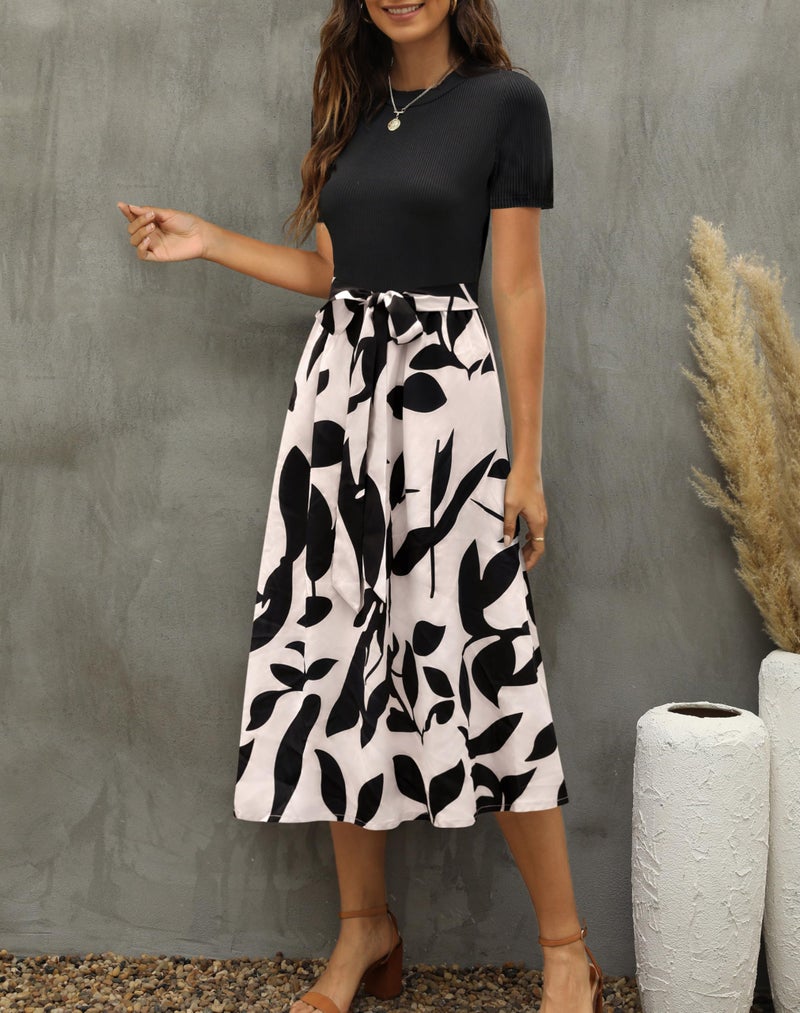 Zattcas Women 2025 Summer Dresses Short Sleeve Ribbed Teacher Church Modest Business Casual Work Outfits Midi Dress with Pockets Blackapricot M - Image 4