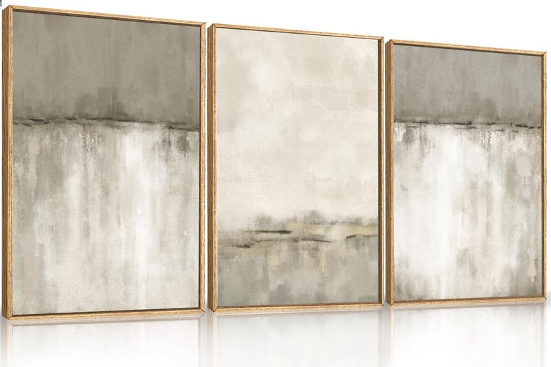 KAIRNE Large Neutral Gray Tan Framed Canvas Wall Art Set, Abstract Textured Wall Decor, Beige Minimalist Wall Pinting, Modern Illustrations Art Print for Living Room, Bedroom, Office -24"x36"x3 - Image 1