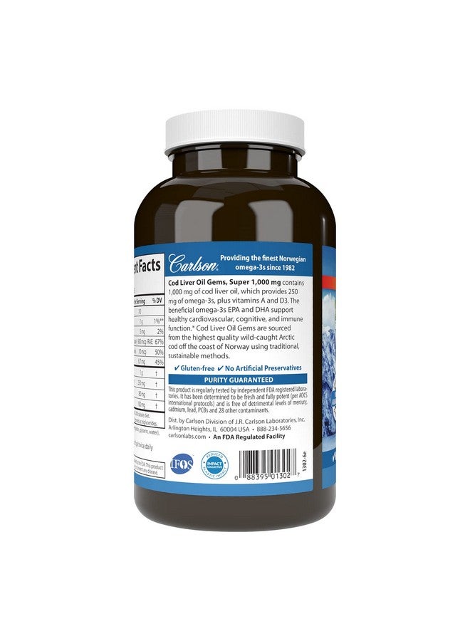 Carlson Cod Liver Oil Gems Super 1000 Mg 250 Mg Omega3S + Vitamins A & D3 Wildcaught Norwegian Arctic Codliver Oil Sustainably Sourced Nordic Fish Oil Capsules 250 Softgels  - Image 4
