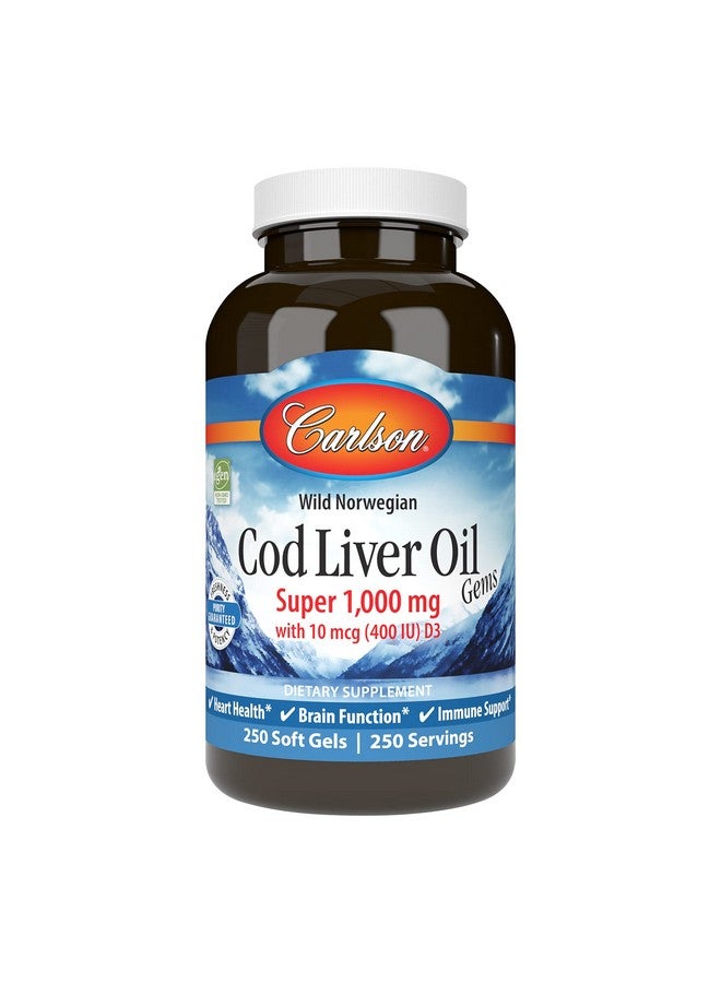 Carlson Cod Liver Oil Gems Super 1000 Mg 250 Mg Omega3S + Vitamins A & D3 Wildcaught Norwegian Arctic Codliver Oil Sustainably Sourced Nordic Fish Oil Capsules 250 Softgels  - Image 1