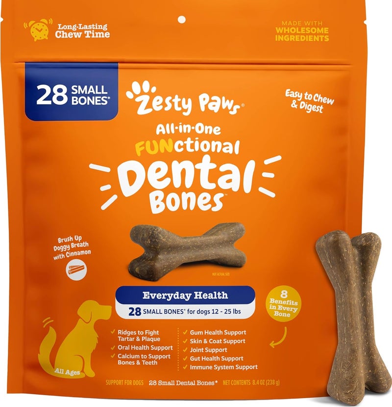زيساي بوس عظام أسنان Zesty Paws – تحارب الترسبات الجيرية والبلاك – صحة اللثة والأسنان والعظام – القرفة لتحسين رائحة فم الكلب – دعم للمناعة والمفاصل والجهاز الهضمي والبشرة والفرو – أوميغا 3 (EPA وDHA) والكالسيوم – م��اسبة للكلاب الصغيرة – عدد العبوات: 28 - Image 1