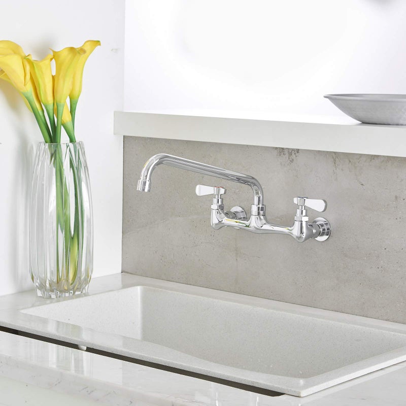 BWE Kitchen Faucet Wall Mount with 12 Inch Swivel Spout 8" Center 2-Handle Commercial Sink Faucet Mixer Tap Polish Chrome Utility Faucet - Image 3