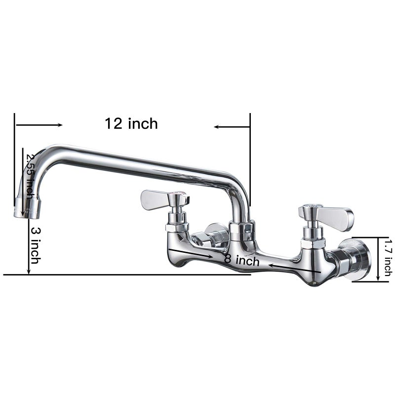 BWE Kitchen Faucet Wall Mount with 12 Inch Swivel Spout 8" Center 2-Handle Commercial Sink Faucet Mixer Tap Polish Chrome Utility Faucet - Image 2