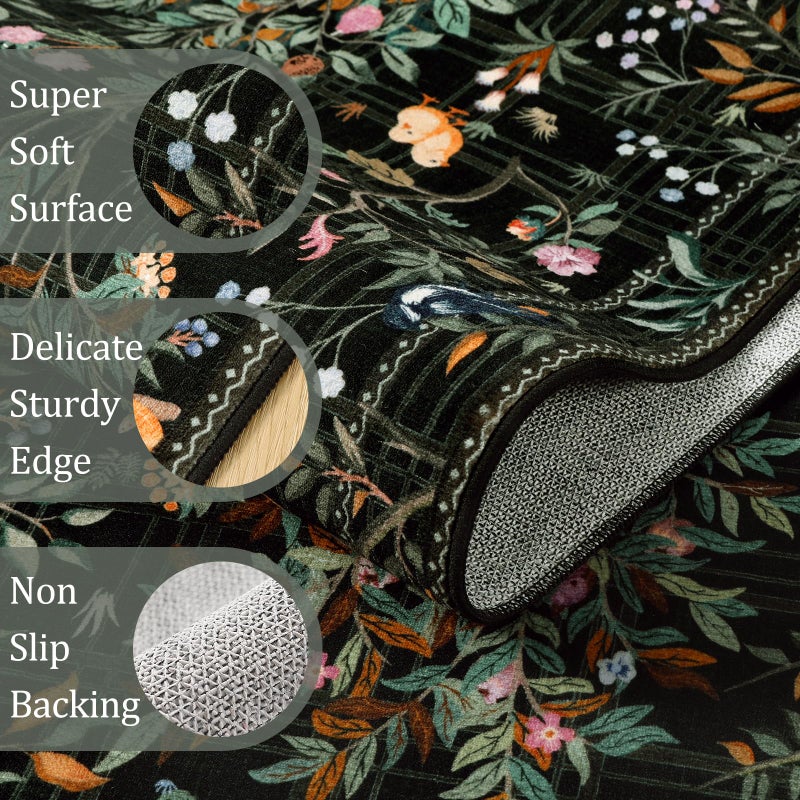 Morebes Floral Washable Runners for Hallways 2x8 Non Slip, Boho Flower Entryway Runner Rug, Botanical Birds Indoor Ultra-Thin Soft Floor Carpet Runners for Kitchen Laundry Bath Room Entrance, Black - Image 3