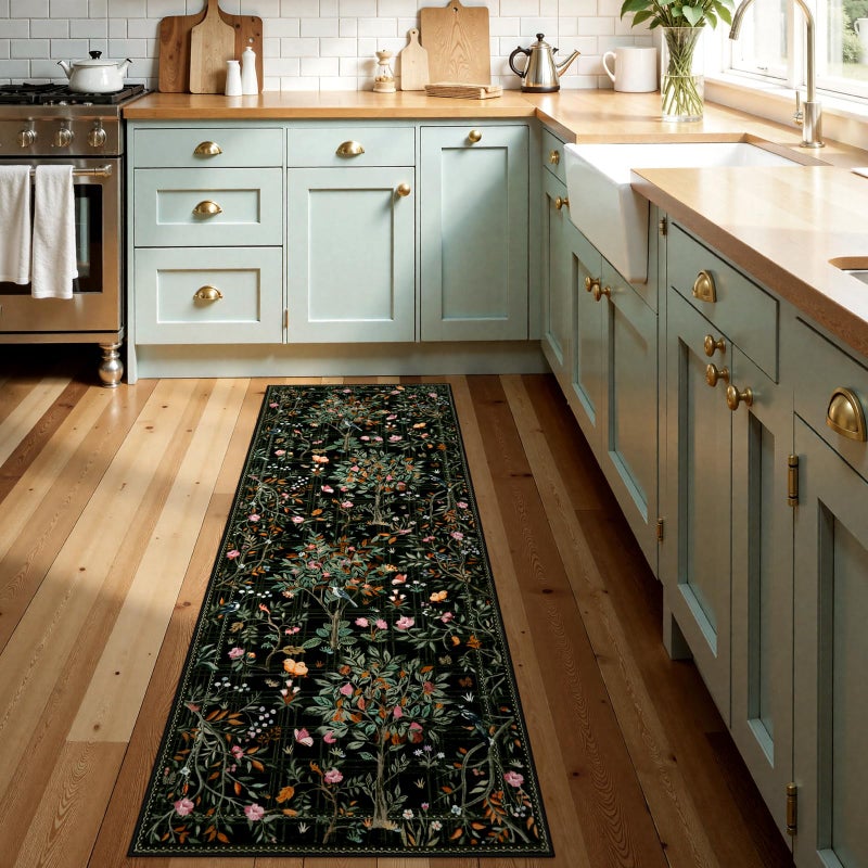 Morebes Floral Washable Runners for Hallways 2x8 Non Slip, Boho Flower Entryway Runner Rug, Botanical Birds Indoor Ultra-Thin Soft Floor Carpet Runners for Kitchen Laundry Bath Room Entrance, Black - Image 2
