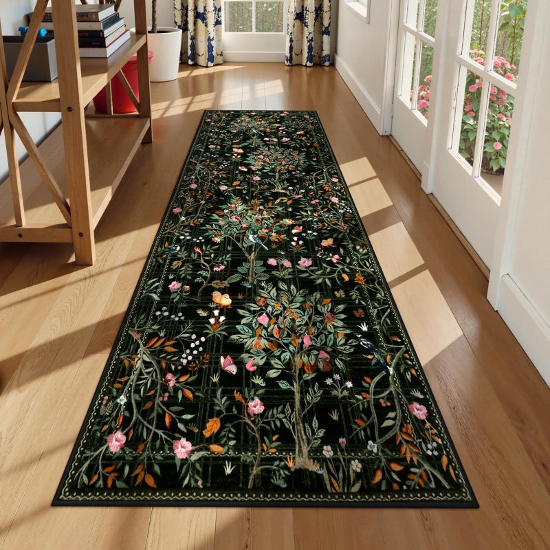 Morebes Floral Washable Runners for Hallways 2x8 Non Slip, Boho Flower Entryway Runner Rug, Botanical Birds Indoor Ultra-Thin Soft Floor Carpet Runners for Kitchen Laundry Bath Room Entrance, Black - Image 1