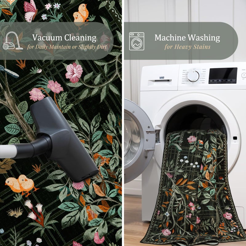 Morebes Floral Washable Runners for Hallways 2x8 Non Slip, Boho Flower Entryway Runner Rug, Botanical Birds Indoor Ultra-Thin Soft Floor Carpet Runners for Kitchen Laundry Bath Room Entrance, Black - Image 4