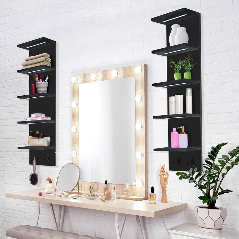 Sorbus LED Light Display Shelf - Vertical 5 Tier Wall Shelf Unit with 2 Hooks, Column Utility Shelving for Home Decor, Wall-Mounted Floating Shelves for Bathroom, Bedroom, Vanity, Figurine Display - Image 5