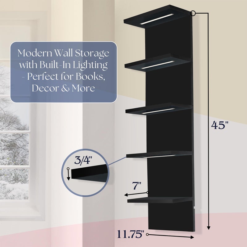 Sorbus LED Light Display Shelf - Vertical 5 Tier Wall Shelf Unit with 2 Hooks, Column Utility Shelving for Home Decor, Wall-Mounted Floating Shelves for Bathroom, Bedroom, Vanity, Figurine Display - Image 2