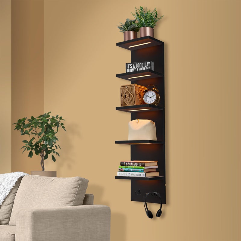 Sorbus LED Light Display Shelf - Vertical 5 Tier Wall Shelf Unit with 2 Hooks, Column Utility Shelving for Home Decor, Wall-Mounted Floating Shelves for Bathroom, Bedroom, Vanity, Figurine Display - Image 1