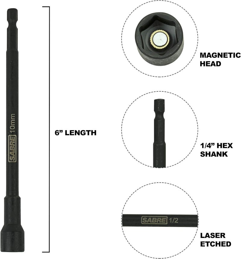 Sabre Tools 10mm Impact Magnetic Nut Driver – 6 Inch Length, 1/4 Inch Hex Shank, Magnetic Socket Tip (10mm Metric) - Image 1