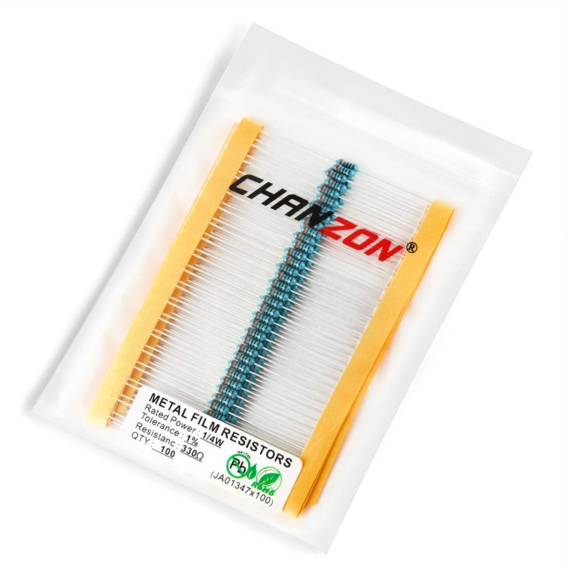 CHANZON 100 قطعة مقاوم 330 Ω أوم 1/4 واط (0.25 واط) مقاوم فيلم معدني ثابت 0.01 ±1% تحمل 330R MF مقاومات ثقب مرور معتمدة من روهس - Image 3