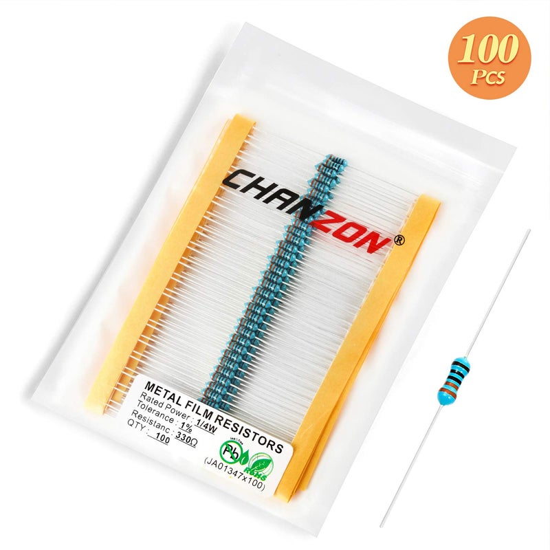 CHANZON 100 قطعة مقاوم 330 Ω أوم 1/4 واط (0.25 واط) مقاوم فيلم معدني ثابت 0.01 ±1% تحمل 330R MF مقاومات ثقب مرور معتمدة من روهس - Image 5