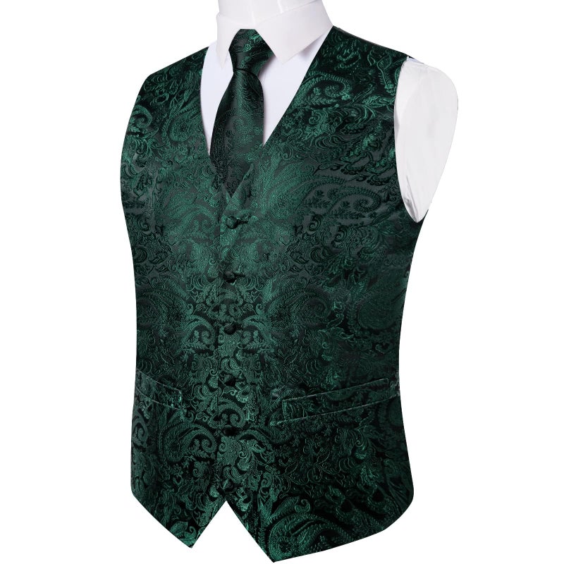 DiBanGu Mens Paisley Vest Tie Set with Lapel Pin Tie Clip 7PCS Silk V-Neck Suit Waistcoat and Necktie for Tuxedo Wedding, Emerald Green, Medium - Image 3